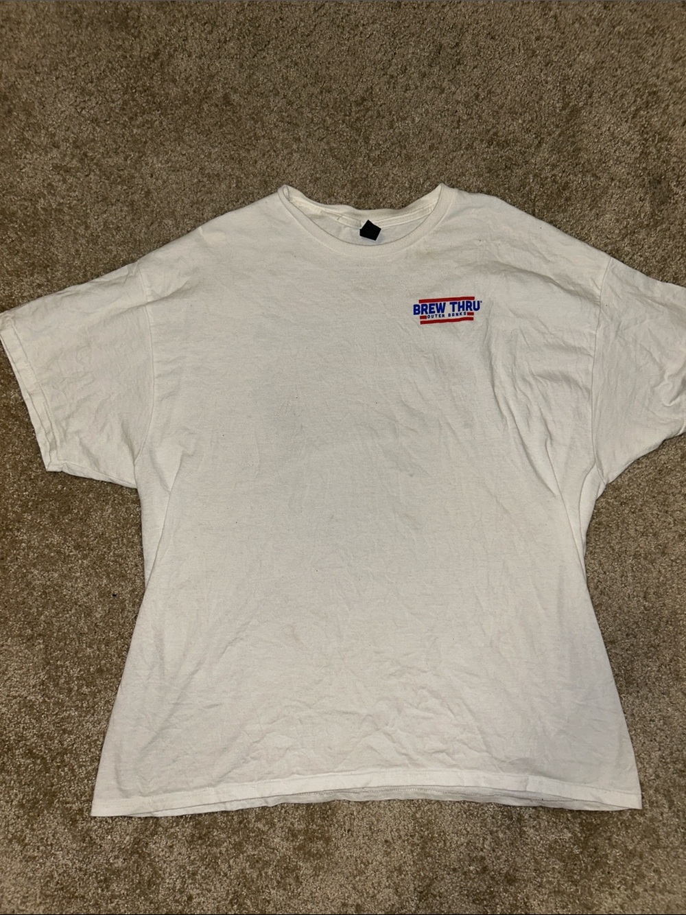 Brew Thru-  White Short-Sleeve Tee with Small Red & Blue Logo
